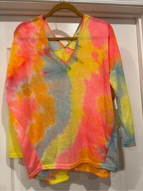 LA MIEL Neon Tie-Dye V-Neck 3/4 Sleeve Top - Pink Yellow Orange Blue
